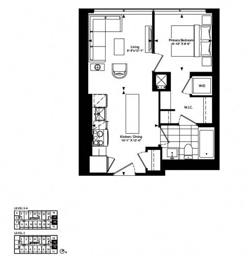 Floor plan for 1 bed, 1 bath, 503 sqft